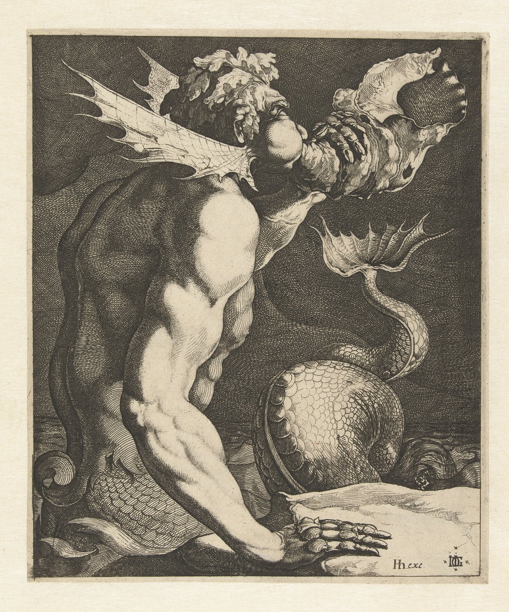 Een triton die op een schelp blaast door Jacob de Gheyn (III)