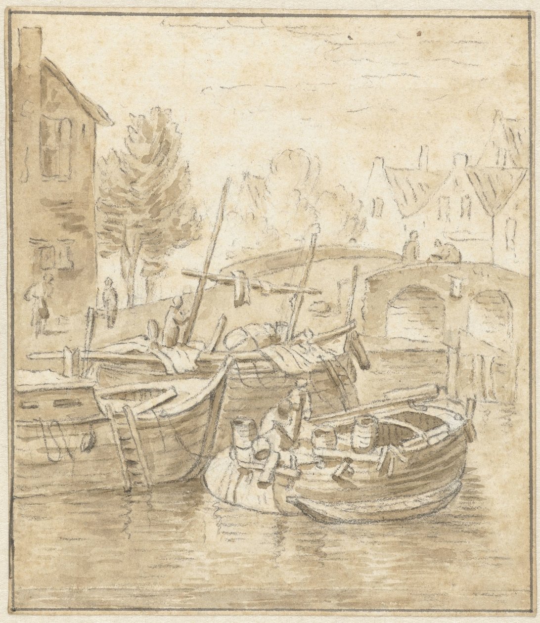 Schepen bij een brug in een stad door Jacob de Vos
