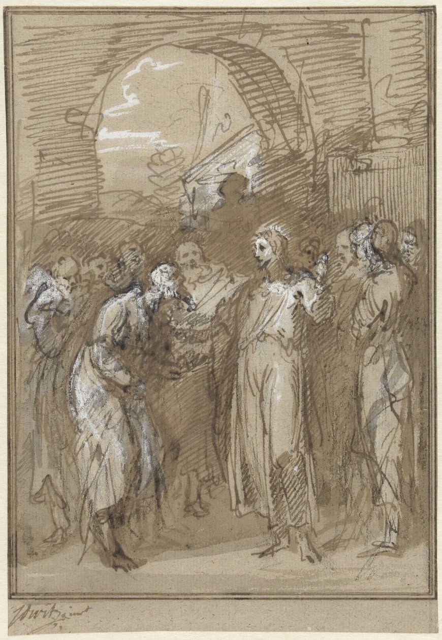 Christus te midden van Farizeeërs voor een poort door Jacob de Wit