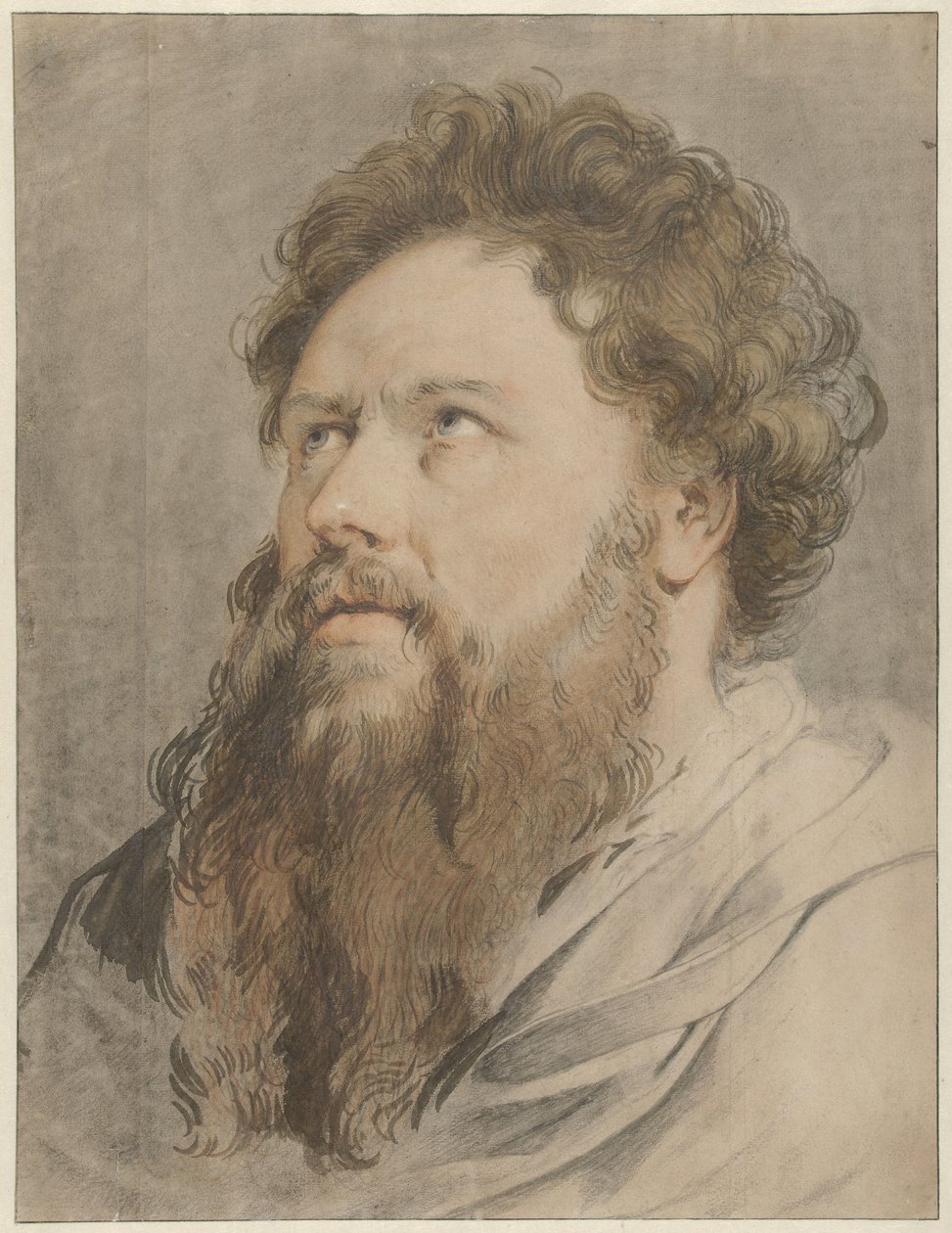 Hoofd van man met baard, de ogen zien opzij naar boven door Jacob de Wit