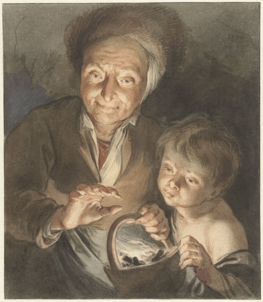 Oude vrouw met kind en vuurtest door Jacob de Wit