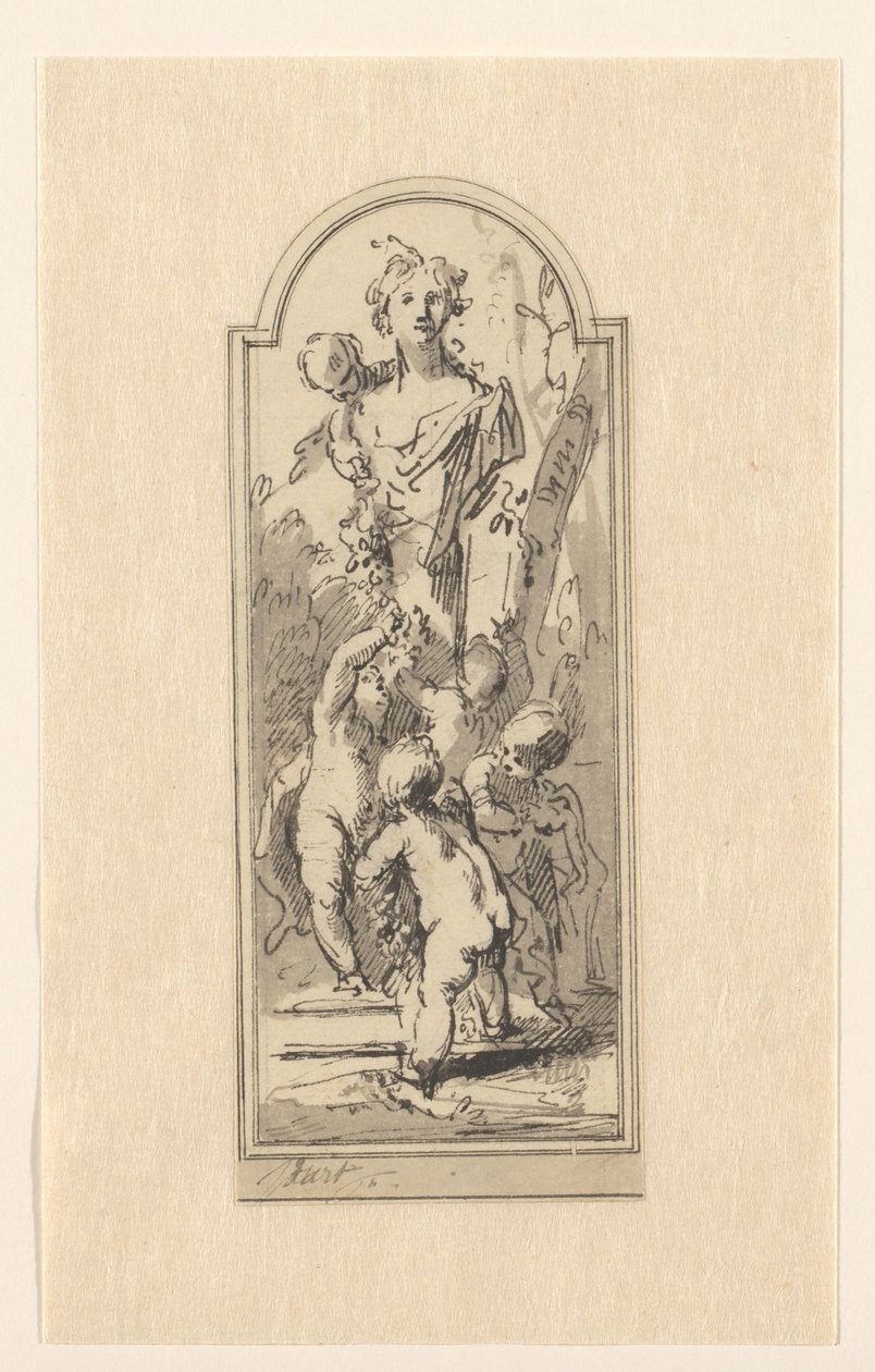 Putti met buste van vrouw tussen bomen door Jacob de Wit