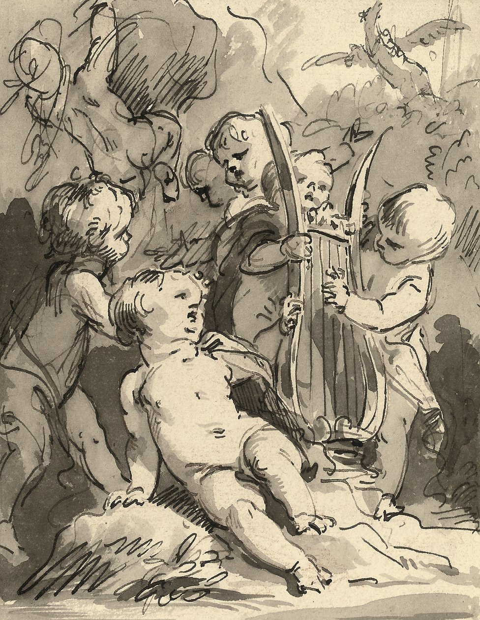 Putti die een lier bespelen door Jacob de Wit