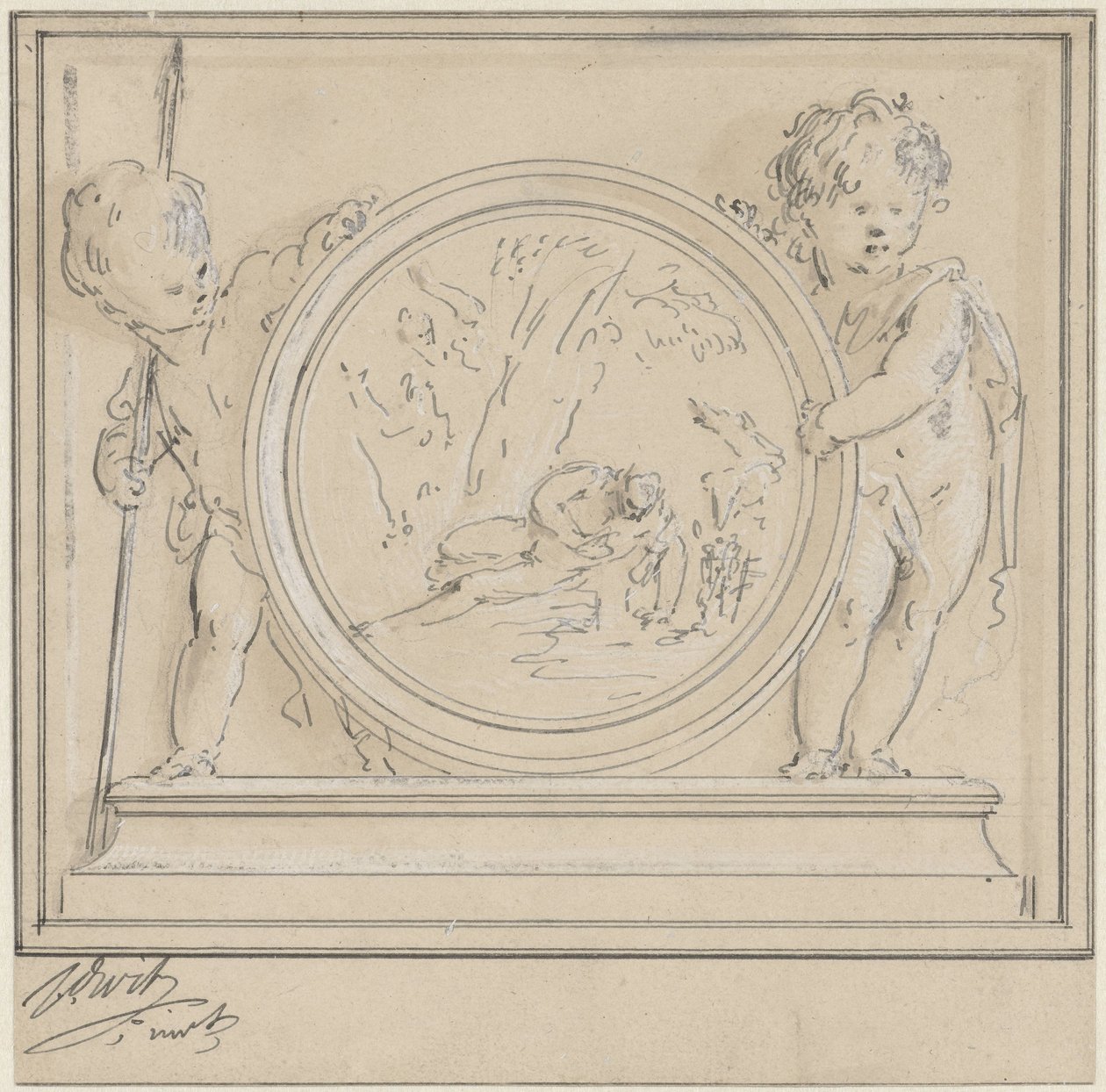 Twee putti met medaillon, waarin Narcissus en Echo door Jacob de Wit