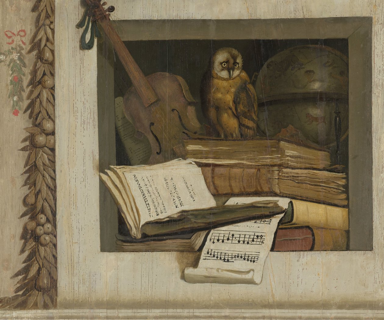 Stilleven met boeken, bladmuziek, viool, hemelglobe en een uil door Jacob van Campen