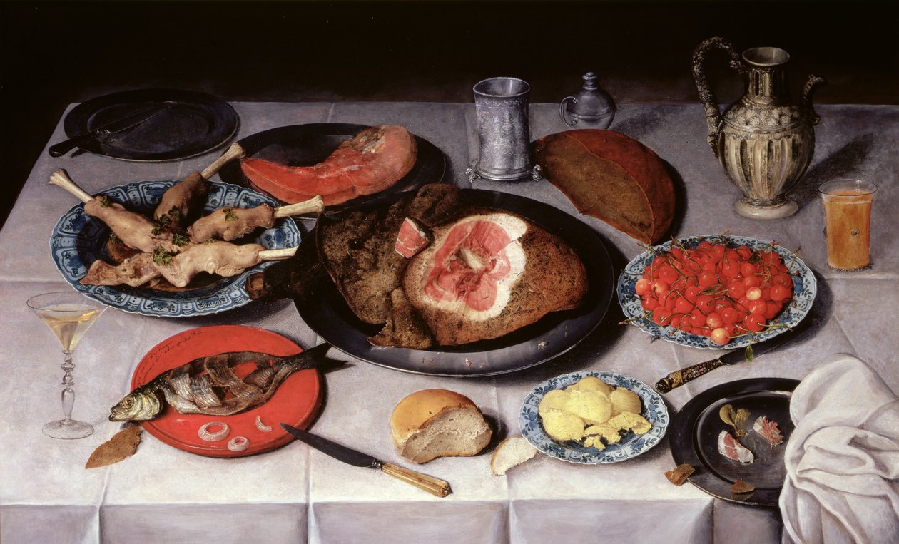 Ontbijtstuk met vis, ham en kersen, 1614 door Jacob van Hulsdonck