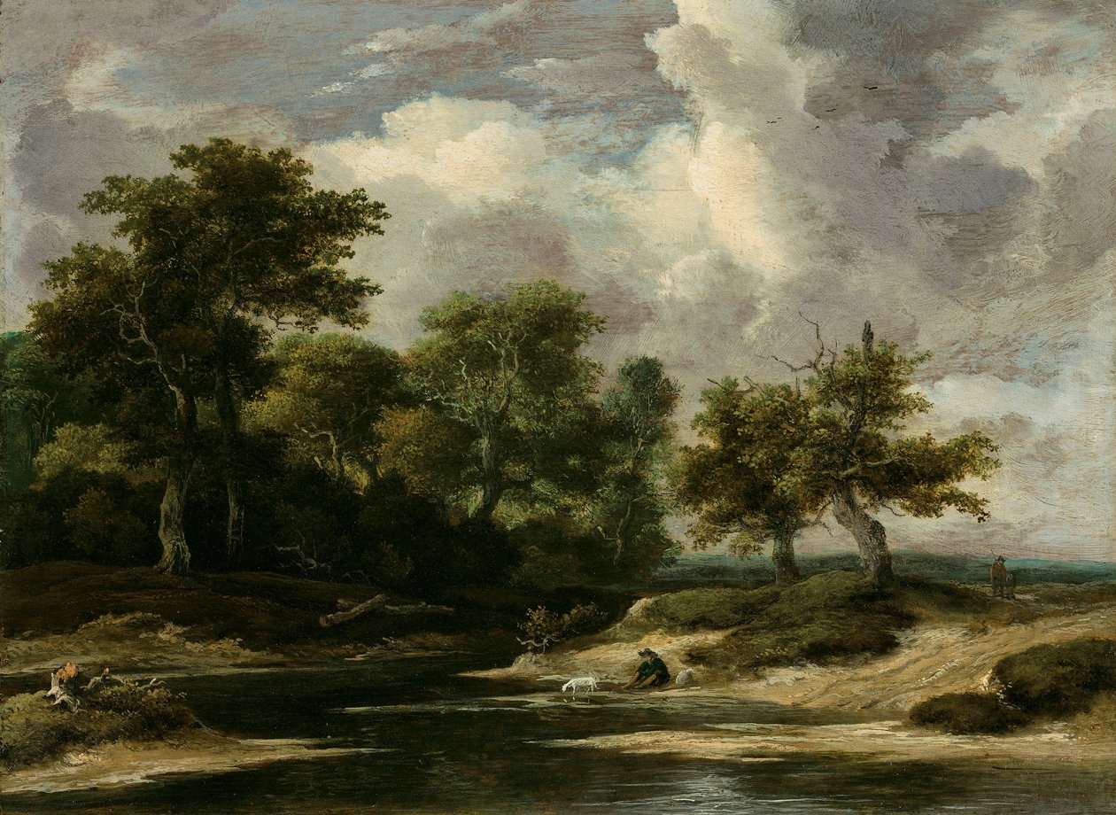 Een bebost rivierlandschap met een reiziger en hond door Jacob van Ruisdael