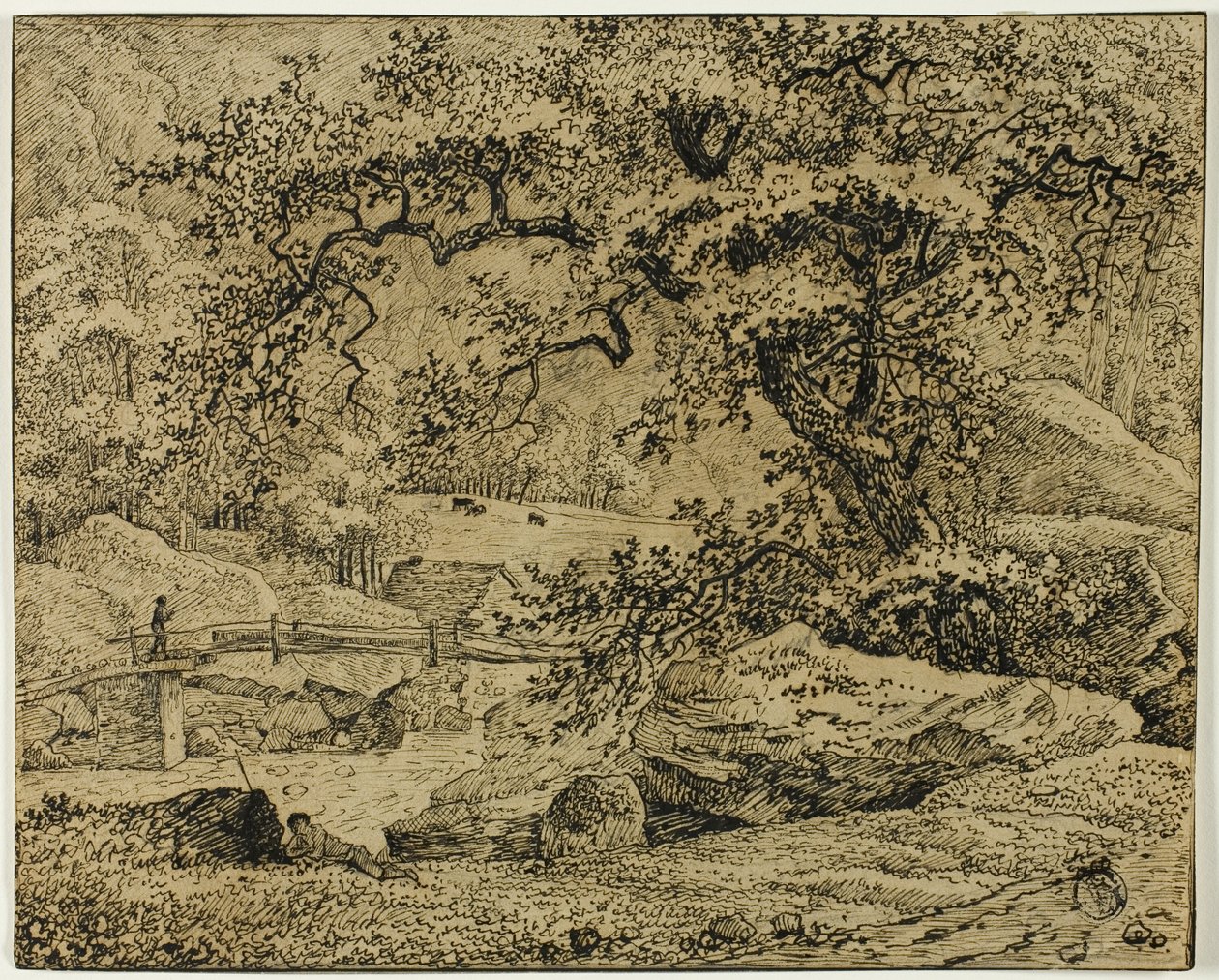 Landschap met figuur rustend onder boom bij stroom door Jacob van Ruisdael