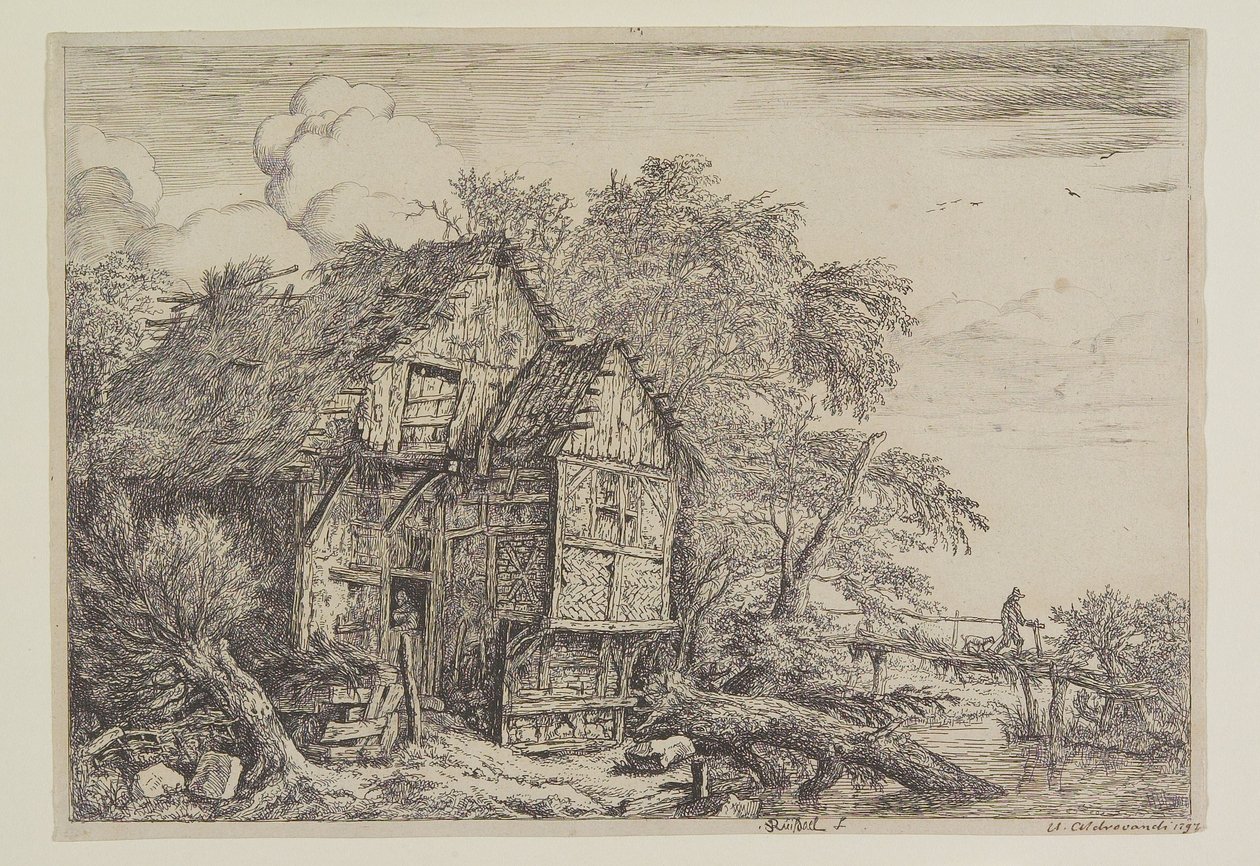 Het huisje en de voetbrug door Jacob van Ruisdael