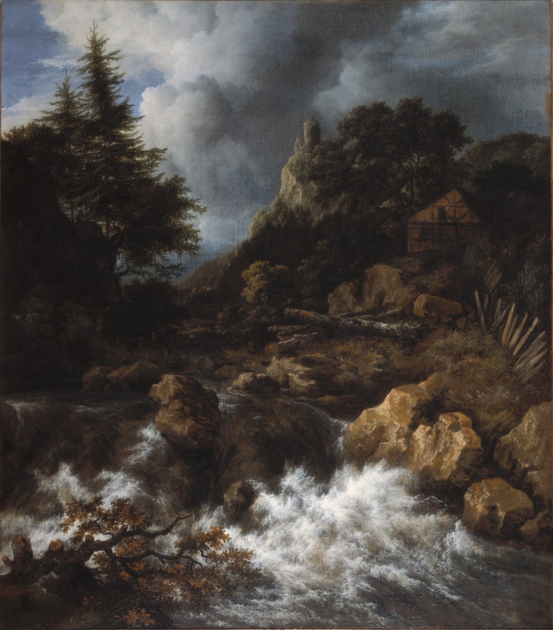 Waterval met vakwerkhuis en kasteel door Jacob van Ruisdael