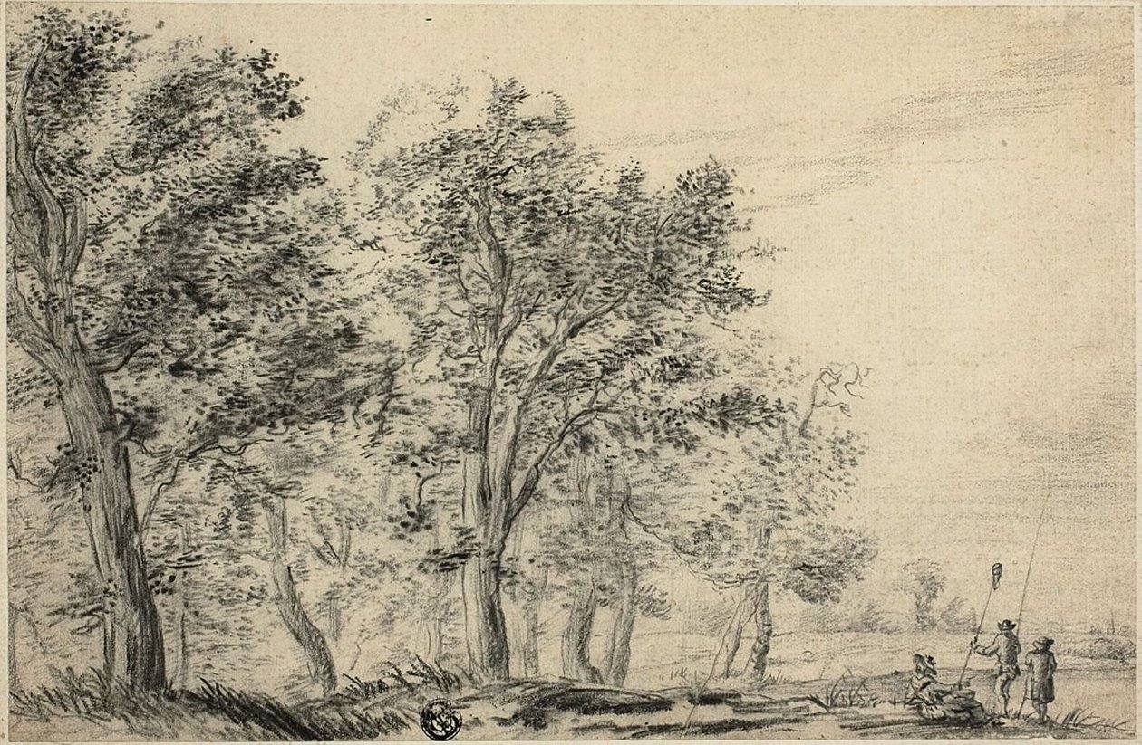 Bosrijk Rivierlandschap met Drie Mensen die Vissen door Jacob van Ruisdael