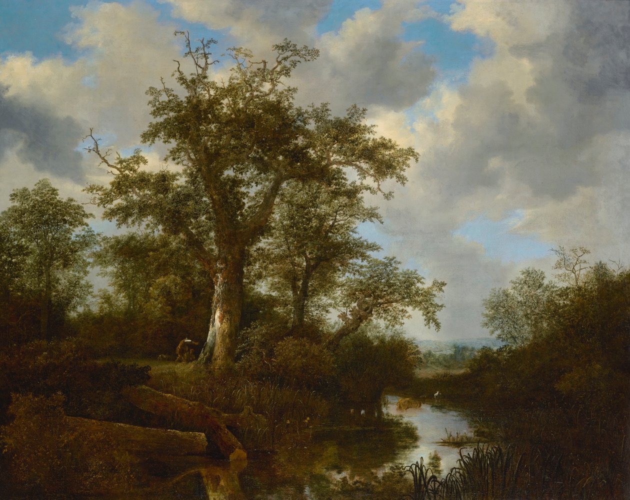 Boslandschap met vee dat een beek oversteekt door Jacob van Ruisdael
