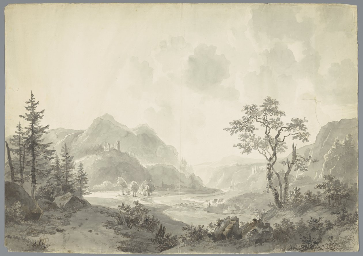 Berglandschap met een rivier door Jacob van Strij