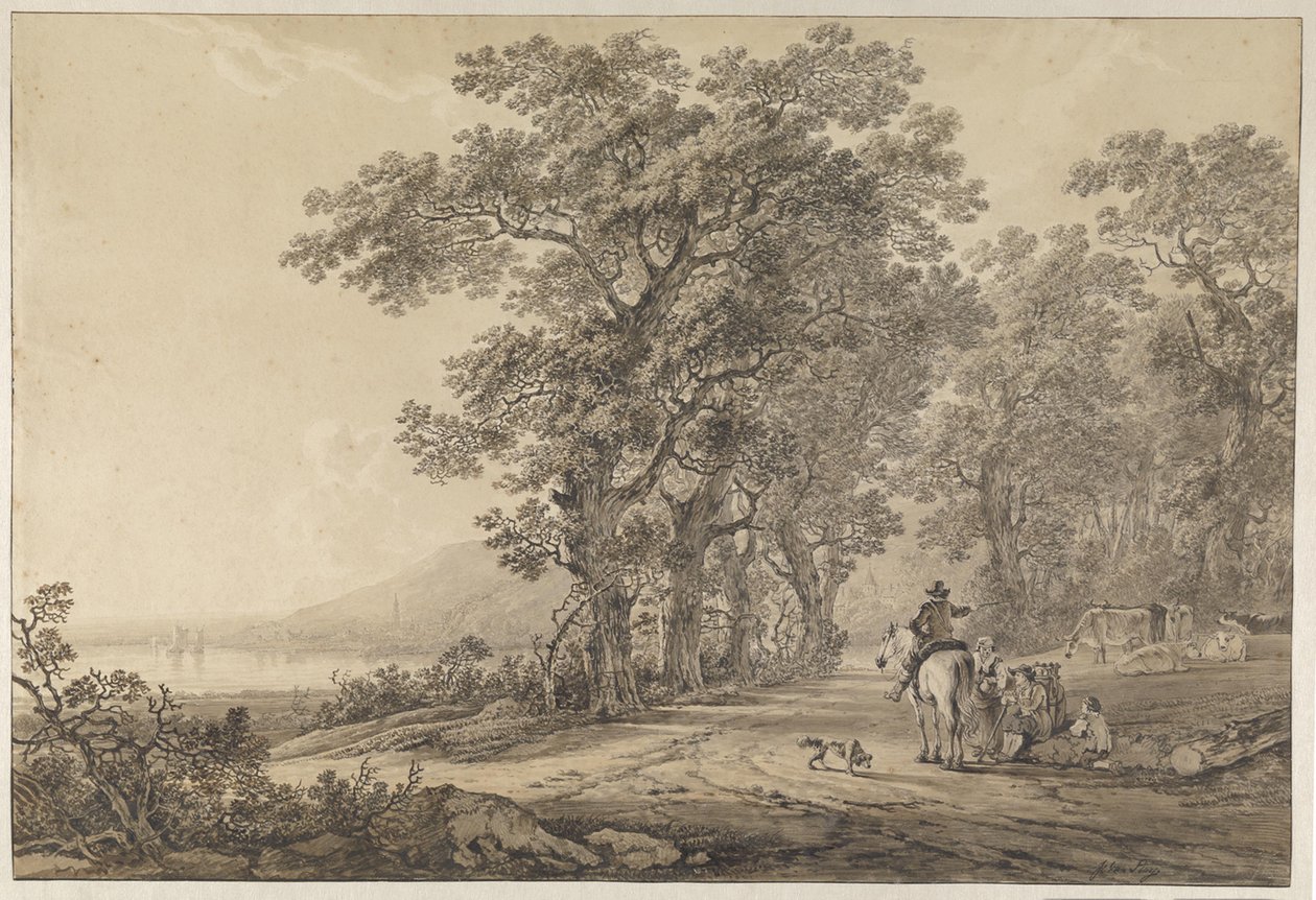 Een weg met hoog geboomte langs een rivier door Jacob van Strij