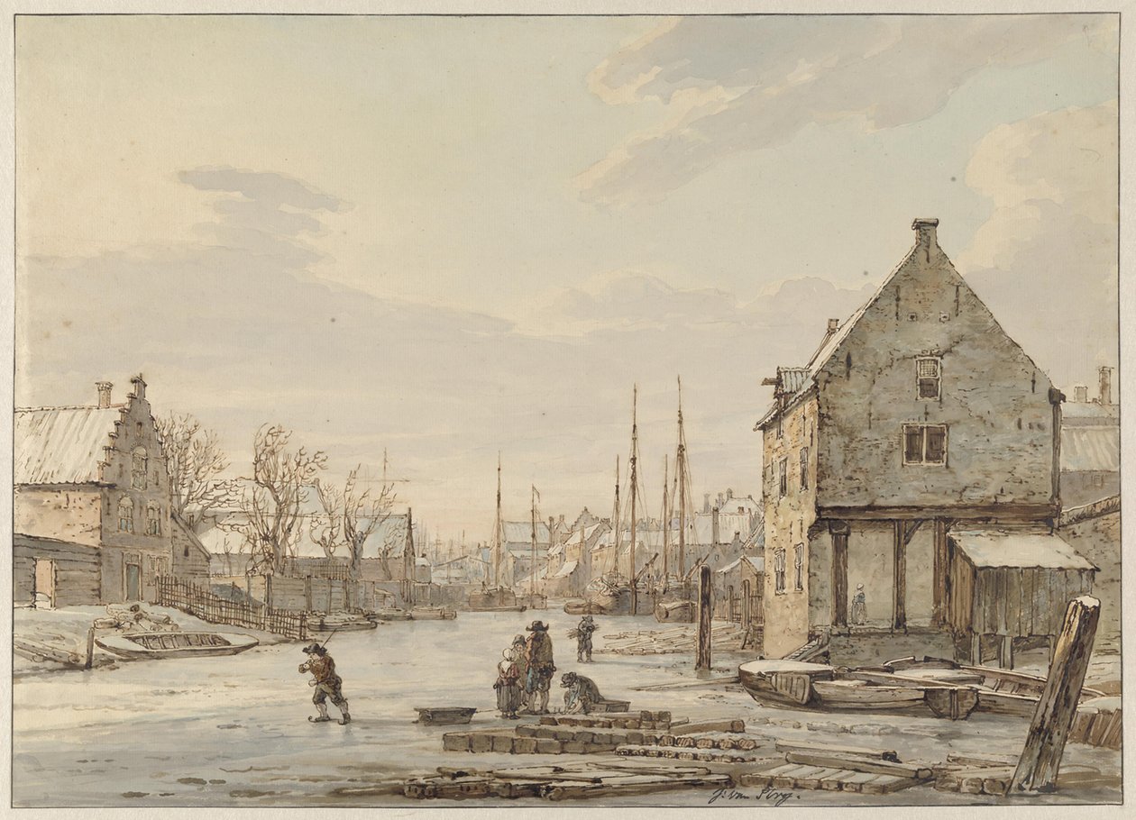 Gezicht aan de stadswal te Dordrecht bij winter door Jacob van Strij