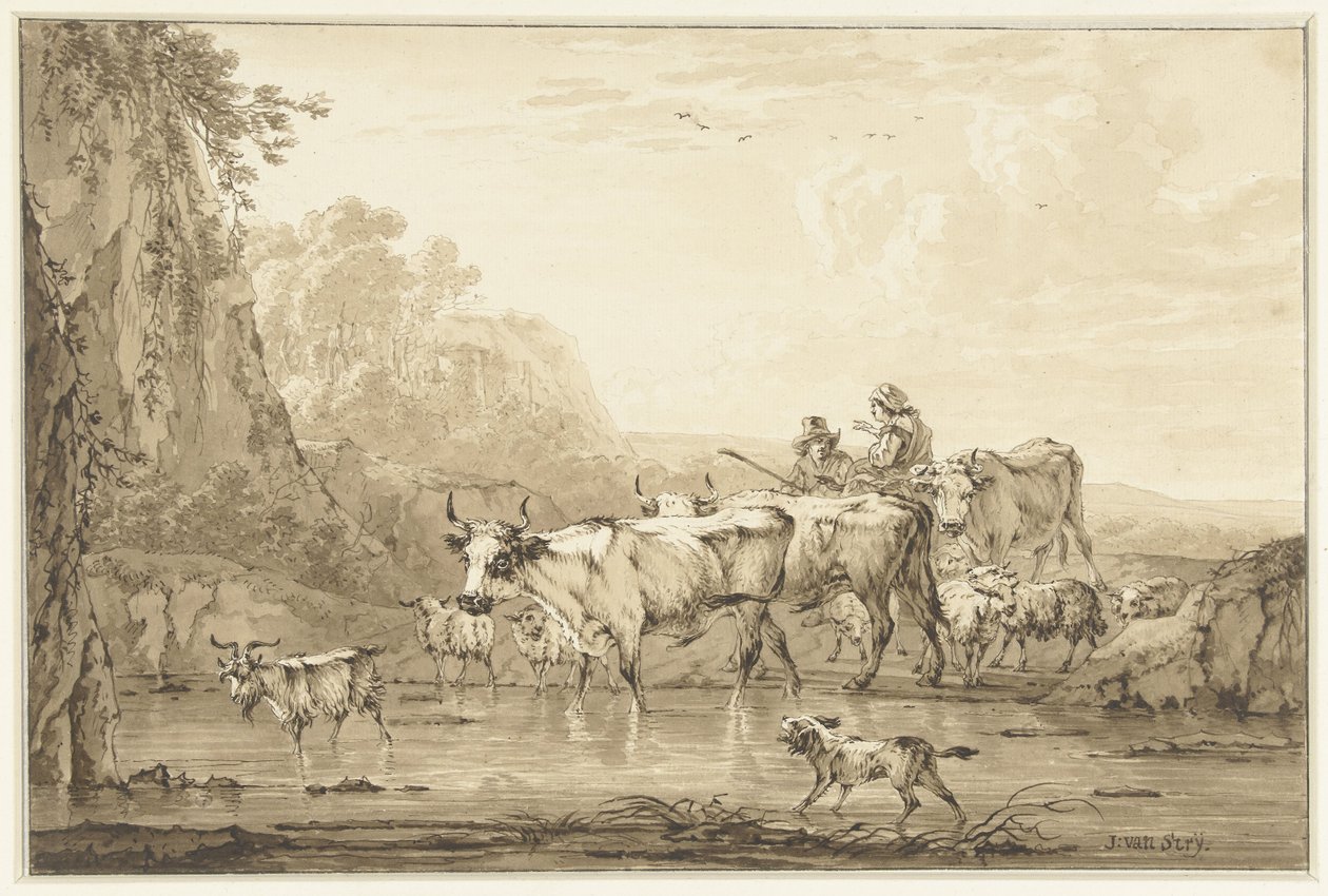 Herder en herderin met runderen en schapen bij een poel door Jacob van Strij