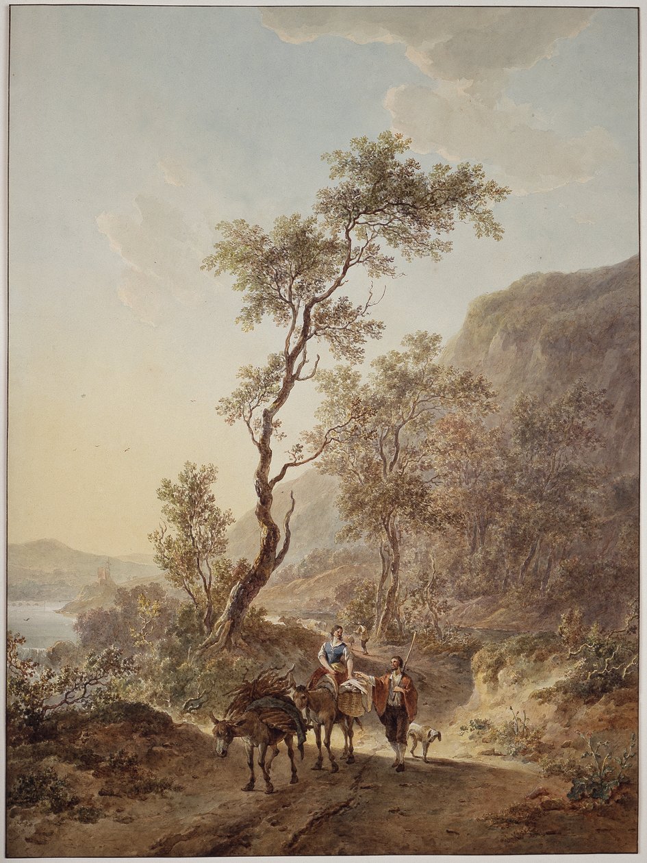 Geïtalianiseerd landschap met een herderspaar op een landweg door Jacob van Strij