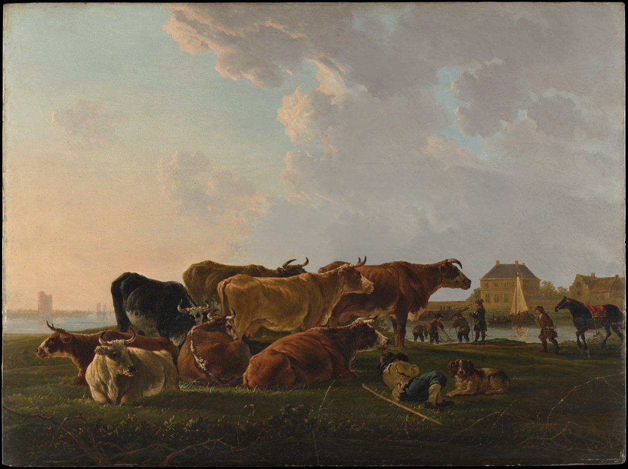 Landschap met runderen door Jacob van Strij