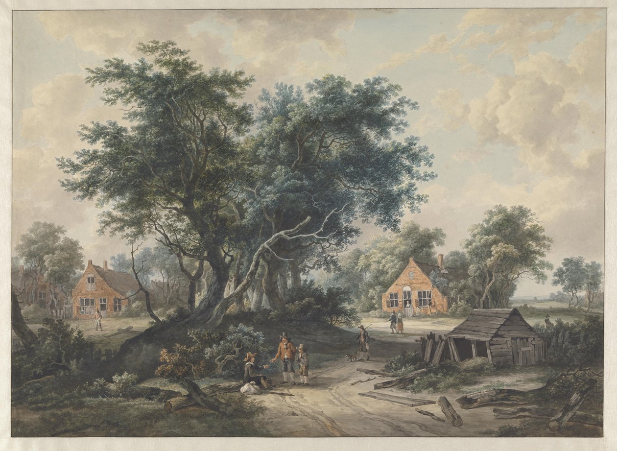 Naar Hobbema. Boerenwoningen bij hoge bomen door Jacob van Strij