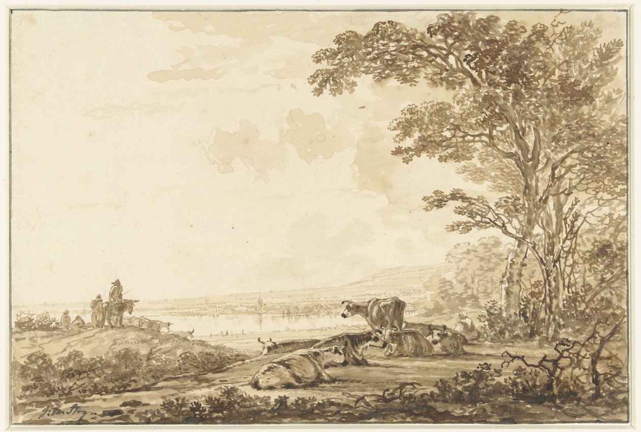 Rivierlandschap met rustend vee door Jacob van Strij