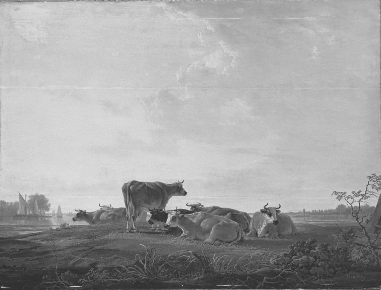 Rustend rundvee aan de oever door Jacob van Strij