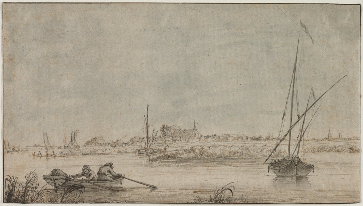 Uitzicht op Dordrecht vanaf de rivier door Jacob van Strij