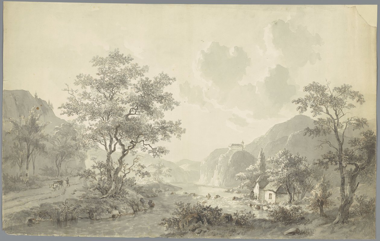 Watervalletje bij een meer in een berglandschap door Jacob van Strij