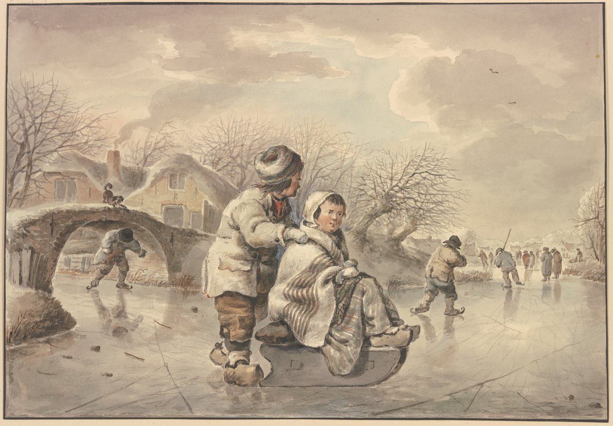 Winterlandschap met schaatsers door Jacob van Strij