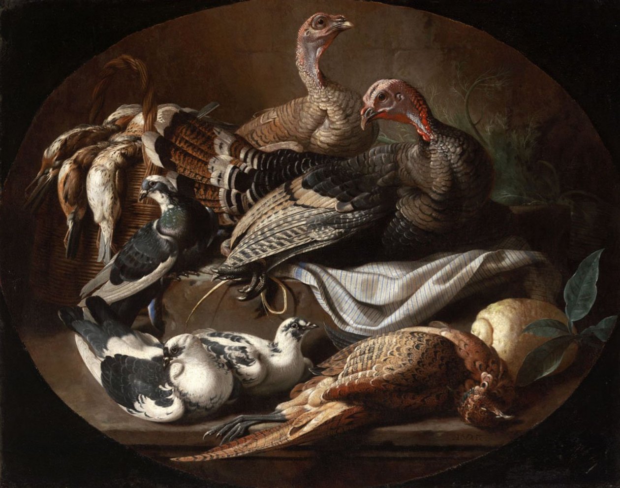Stilleven met dode en levende hoenders door Jacob van der Kerckhoven