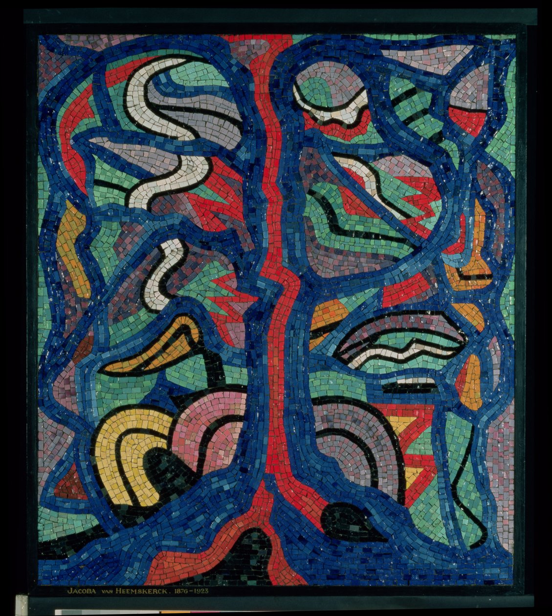 Boom, compositie in rood, zwart, blauw en geel door Jacoba Berendina van Heemskerck van Beest