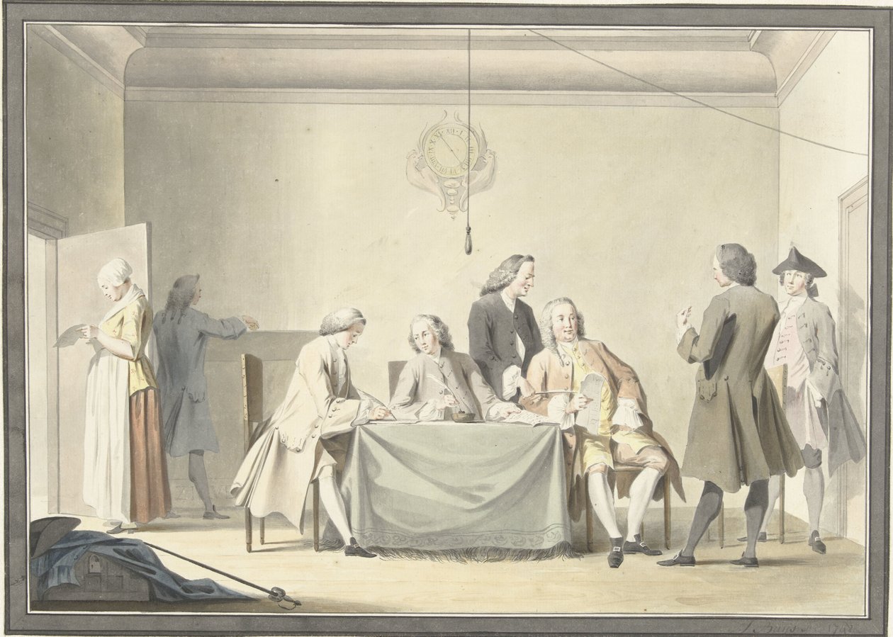 Zitting van Commissarissen tot ontvangst der Liberale Gifte, of 50ste penning, 12 september 1747 door Jacobus Buys (signed by artist)