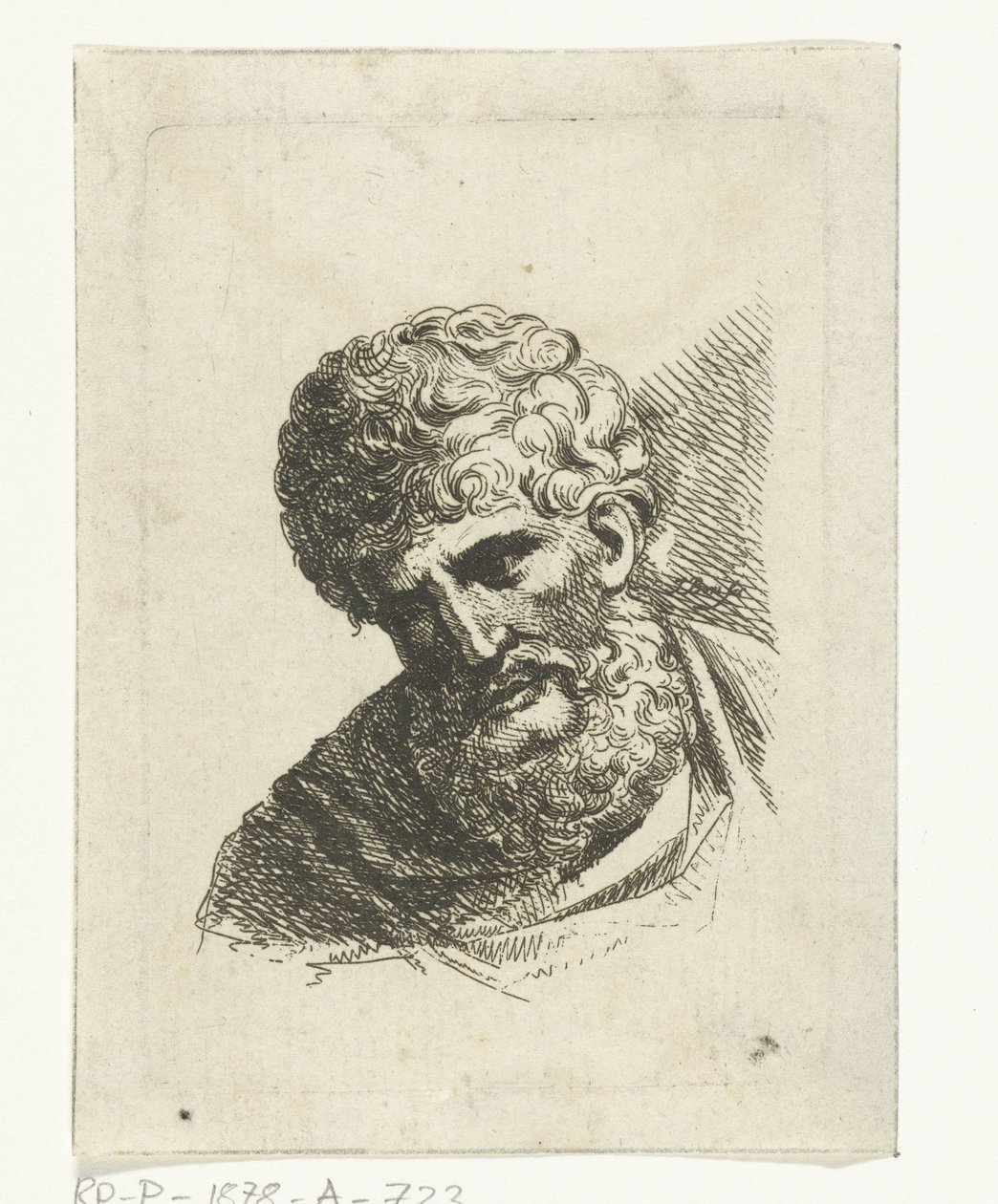 Borstbeeld van een man met krullend haar en baard door Jacobus Buys