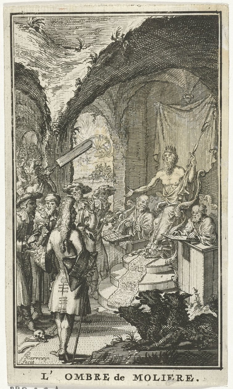 Molière voor de rechters van Pluto door Jacobus Harrewijn