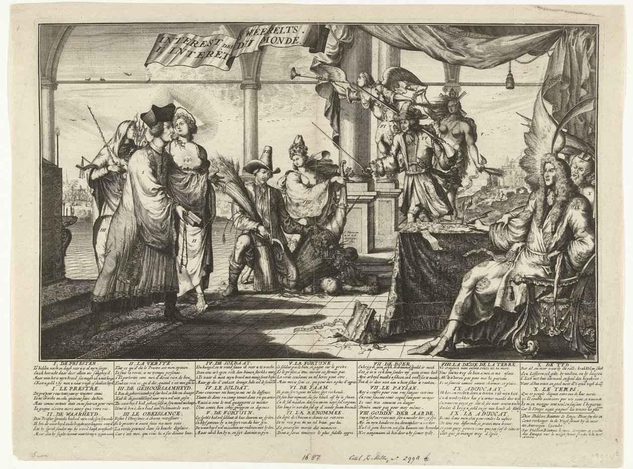 Spotprent op de advocatuur die garen spint bij het twisten van de mens, 1687 door Jacobus Harrewijn