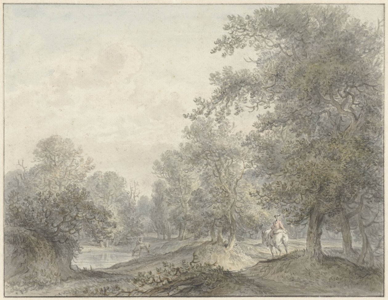 Boslandschap met ruiter en vijver door Jacobus Versteegen