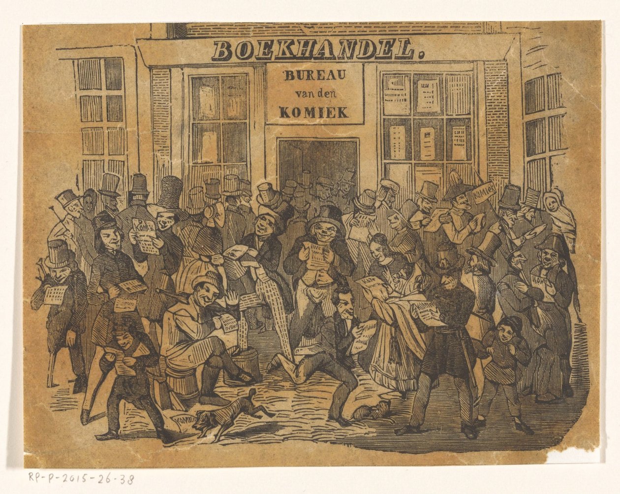Menigte voor een boekhandel om De Komiek te bemachtigen door Jacobus Wilhelmus Adrianus Hilverdink (possibly)
