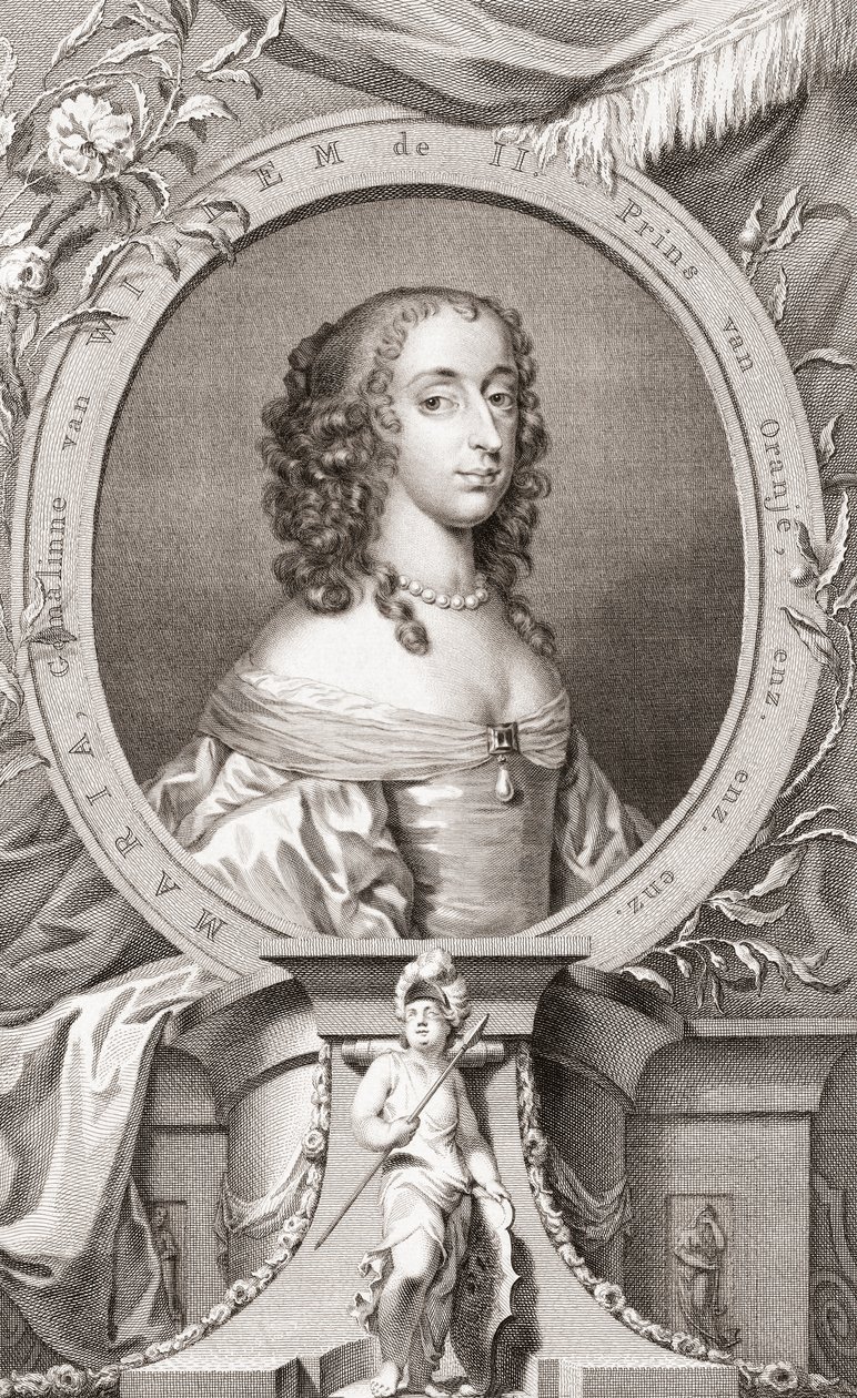 Mary, Prinses Royal, Prinses van Oranje, Gravin van Nassau (1631-60) Dochter van Koning Charles I van Engeland en zijn vrouw Henrietta Maria van Frankrijk, Moeder van Koning Willem III van Engeland (gravure) door Jacobus and Vertue George Houbraken