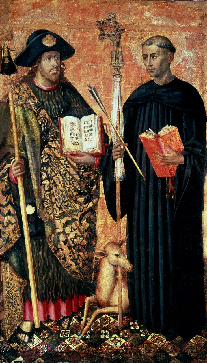 Sint Jacob van Compostela afgebeeld als pelgrim met staf, hoed en schelp en Sint Gilles de kluizenaar (7e eeuw), ca. 1450 door Jacomart (c.1413 61) Baco