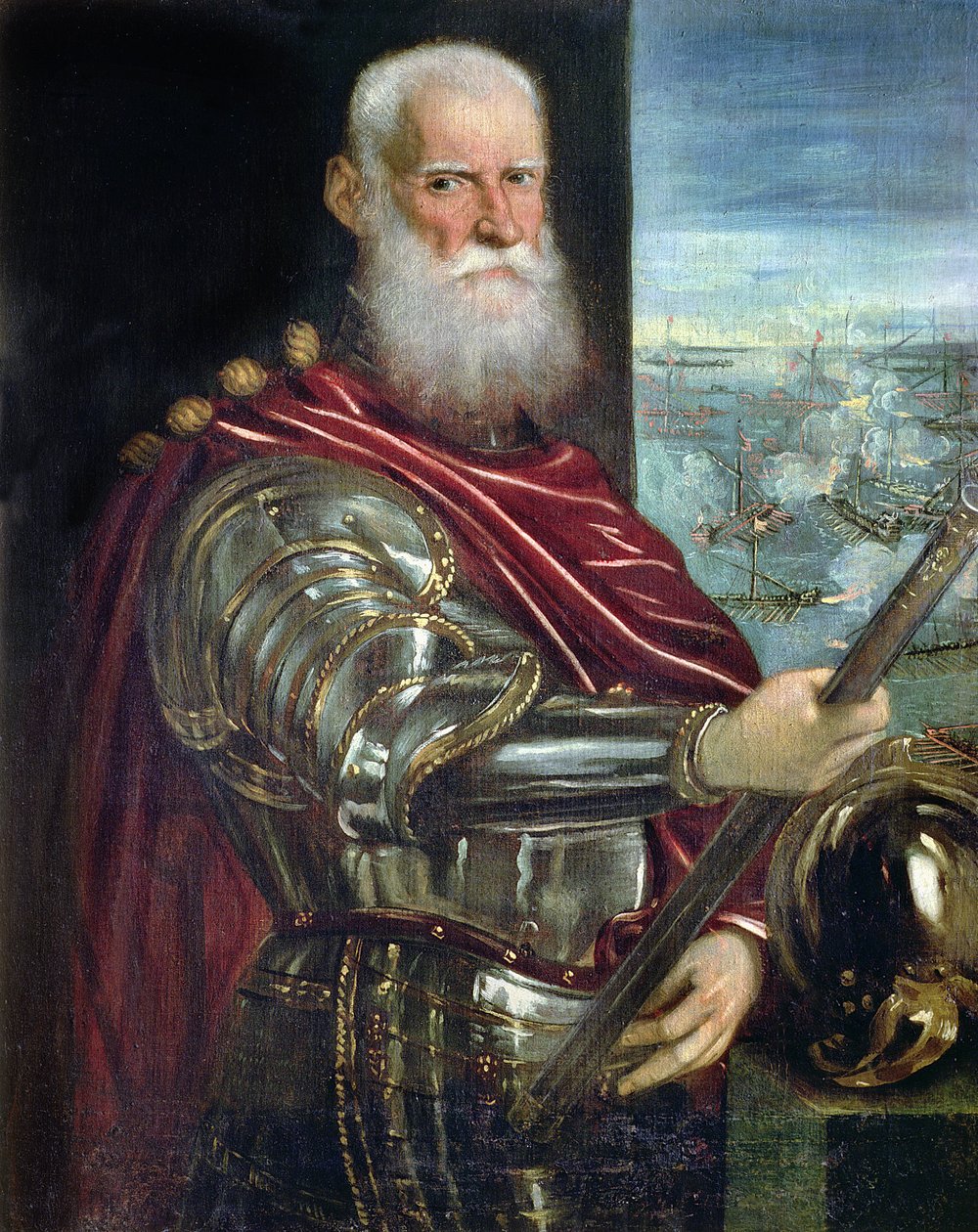 Portret van Sebastiano Vernier (d.1578) bevelhebber van de Venetiaanse troepen in de oorlog tegen het Ottomaanse Rijk met de slag bij Lepanto op de achtergrond, c.1571 door Jacopo Robusti Tintoretto