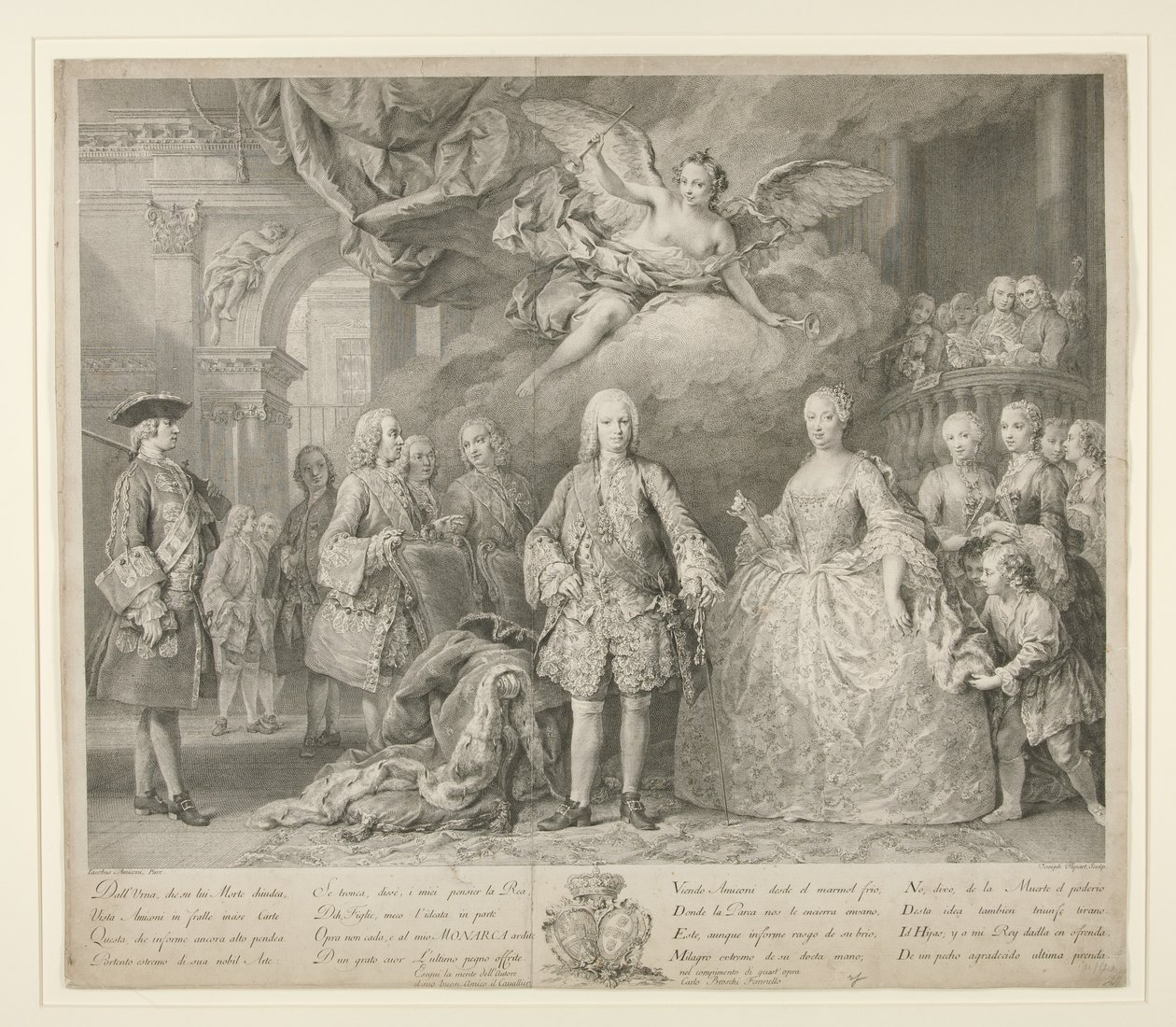 Ferdinand VI en zijn koningin Maria Barbara van Braganza met Scarlatti en de beroemde Italiaanse castraat Farinelli door Jacopo (after) Amigoni