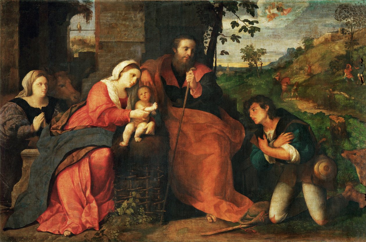 De aanbidding van de herders met vrouwelijke donor ... door Jacopo (c.1480 1528) Palma