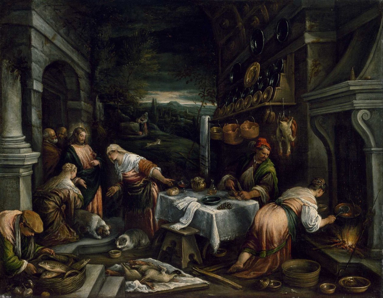 Christus in het huis van Maria, Martha en Lazarus door Jacopo Bassano