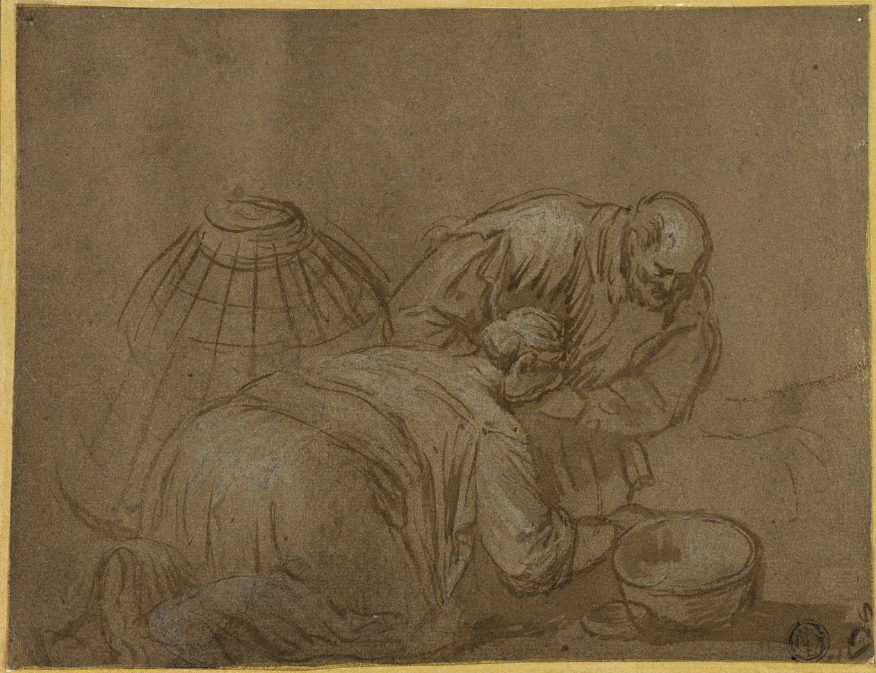 Boerenpaar kijkt in een mand door Jacopo Bassano