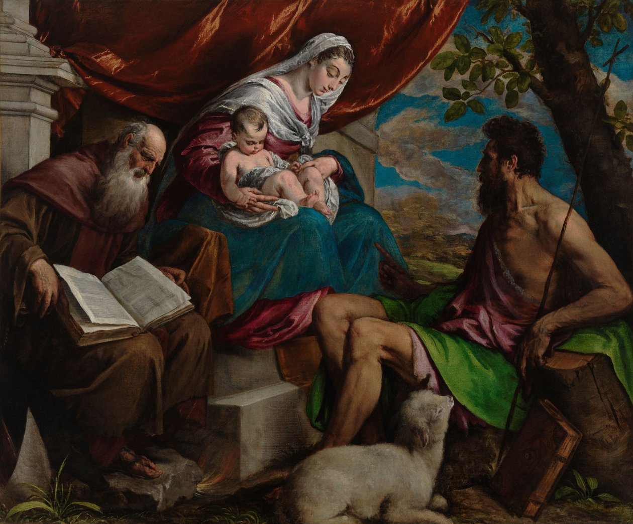 Maria met Kind, Johannes de Doper en de heilige Antonius Abt door Jacopo Bassano