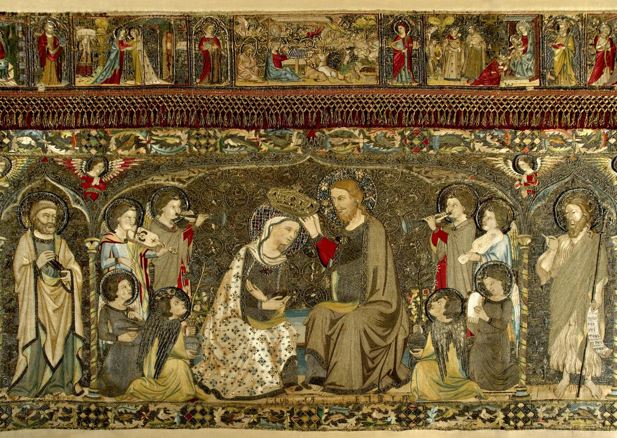 De kroning van de Maagd tussen acht engelen en veertien heiligen (kerkelijke borduurwerk) door Jacopo Cambi