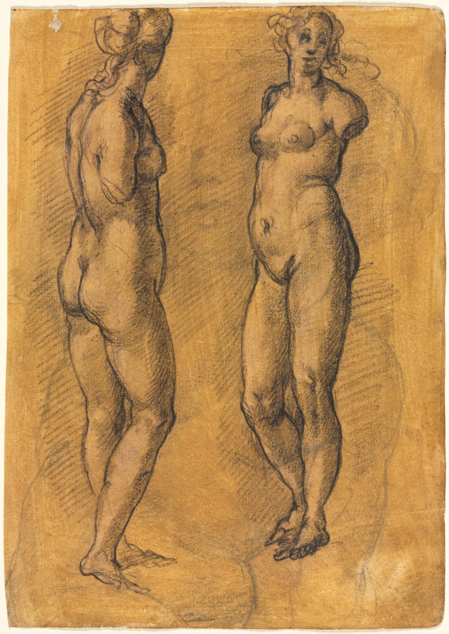 Kopie van een Antiek Standbeeld van een Staande Vrouw (twee aanzichten), boven een Schets van een Putto door Jacopo Chimenti