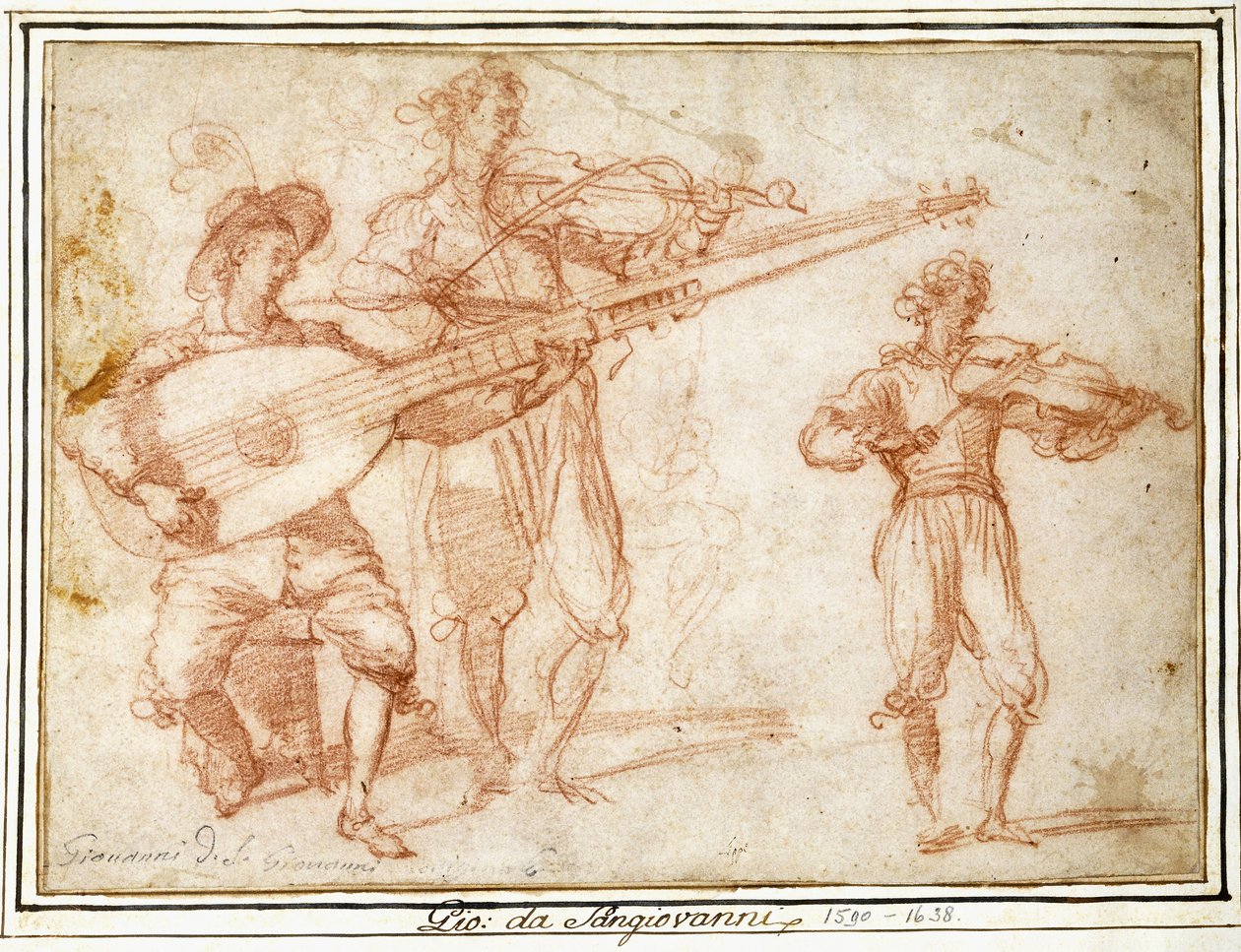 Twee Muzikanten die een Chiatarrone en een Viool spelen, met een Subsidiar Studie van de Tweede Muzikant door Jacopo Confortini