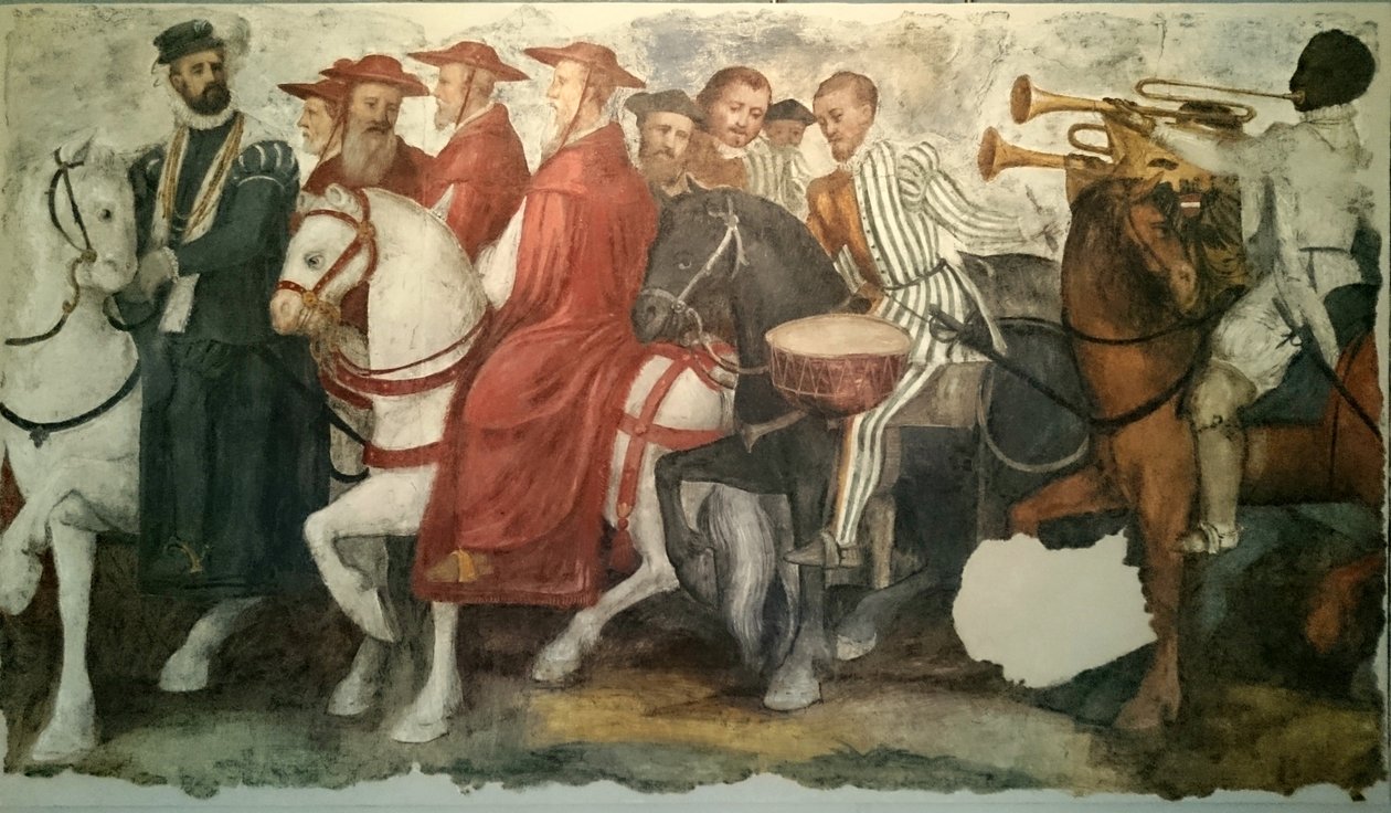 De Cavalcade van Karel V en Clemens VII: Hendrik van Nassau draagt de kraag van het Gulden Vlies van Bourgondië, gevolgd door bisschoppen, prelaten en trompetters. door Jacopo Ligozzi
