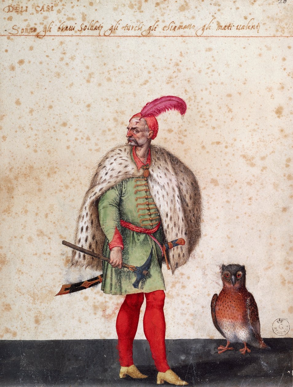 Turkse soldaat met uil, tekening door Jacopo Ligozzi door Jacopo Ligozzi