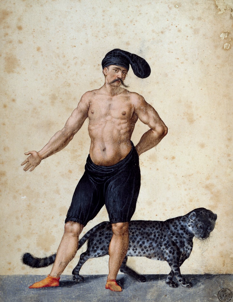 Jonge Afrikaanse man staand vooraan, half gekleed met lange berretta (muts) op zijn hoofd, met tijger achter hem, tekening door Jacopo Ligozzi (1547-1627) door Jacopo Ligozzi